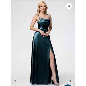 Cicinia Satin Formal Maxi Dress Prom XS Teal Elegant Spaghetti Strap NEED REPAIR